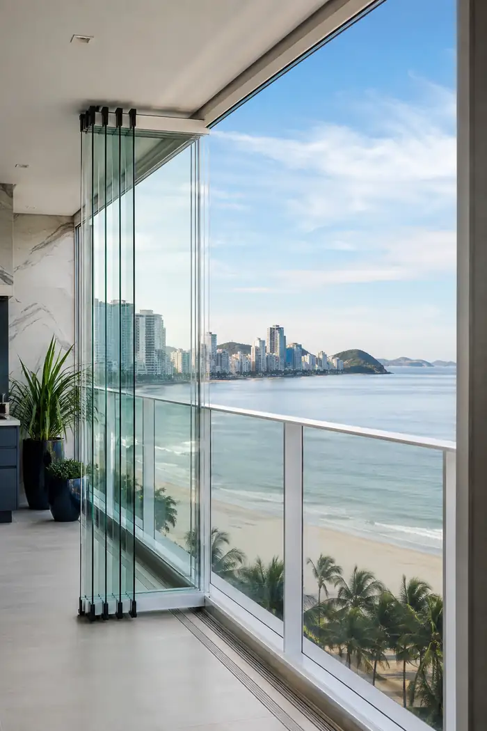 Sacada com sistema de vidros deslizantes abertos em leque e vista para o mar