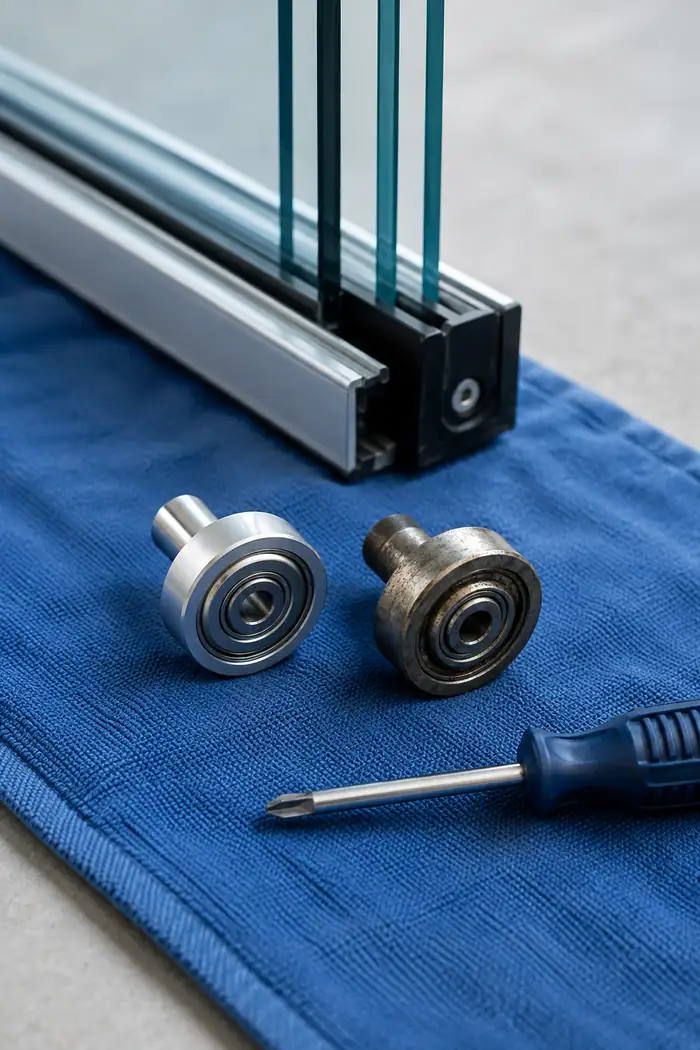 Trilho de envidraçamento em close com roldana de inox nova ao lado de uma desgastada